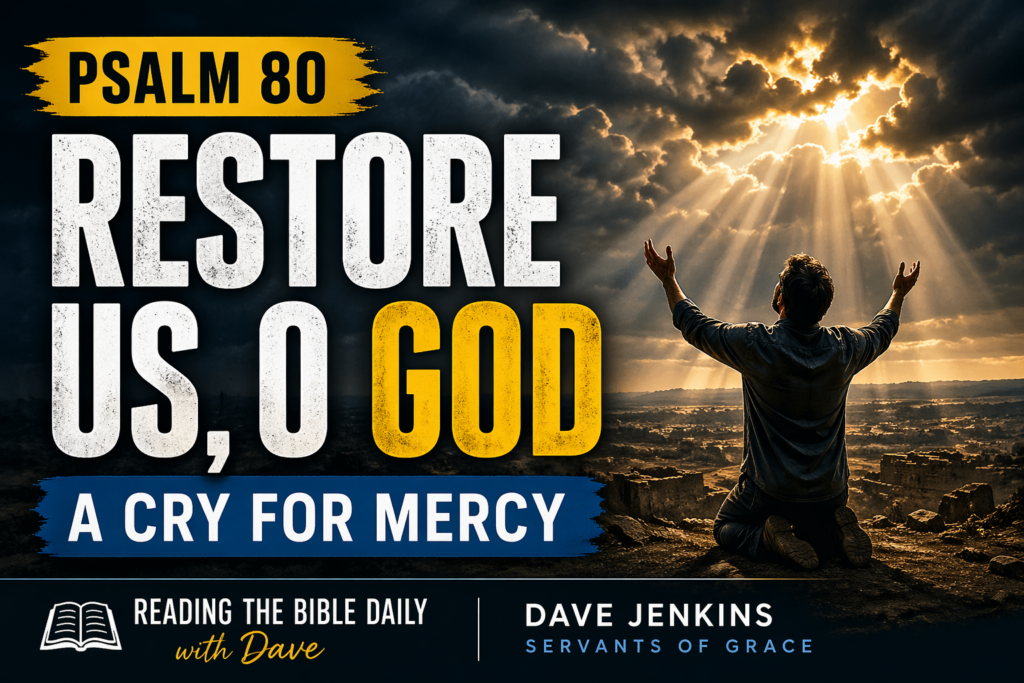 Dramatic Psalm 80 Christian thumbnail showing a man kneeling in prayer under storm clouds with light breaking through, featuring the text “Restore Us, O God” and “A Cry for Mercy” for Reading the Bible Daily with Dave.
