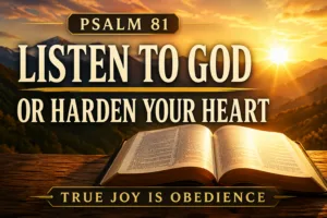 Open Bible resting on a wooden surface with warm sunrise light shining across its pages, mountains in the background, and bold text reading “Psalm 81 – Listen to God or Harden Your Heart – True Joy Is Obedience,” symbolizing God’s call to hear His voice and respond in faith.