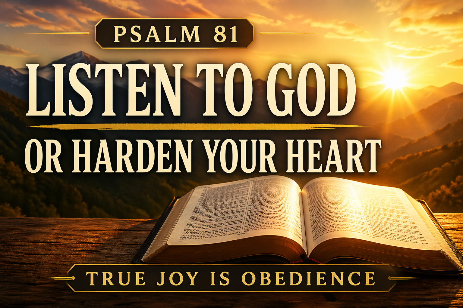 Open Bible resting on a wooden surface with warm sunrise light shining across its pages, mountains in the background, and bold text reading “Psalm 81 – Listen to God or Harden Your Heart – True Joy Is Obedience,” symbolizing God’s call to hear His voice and respond in faith.