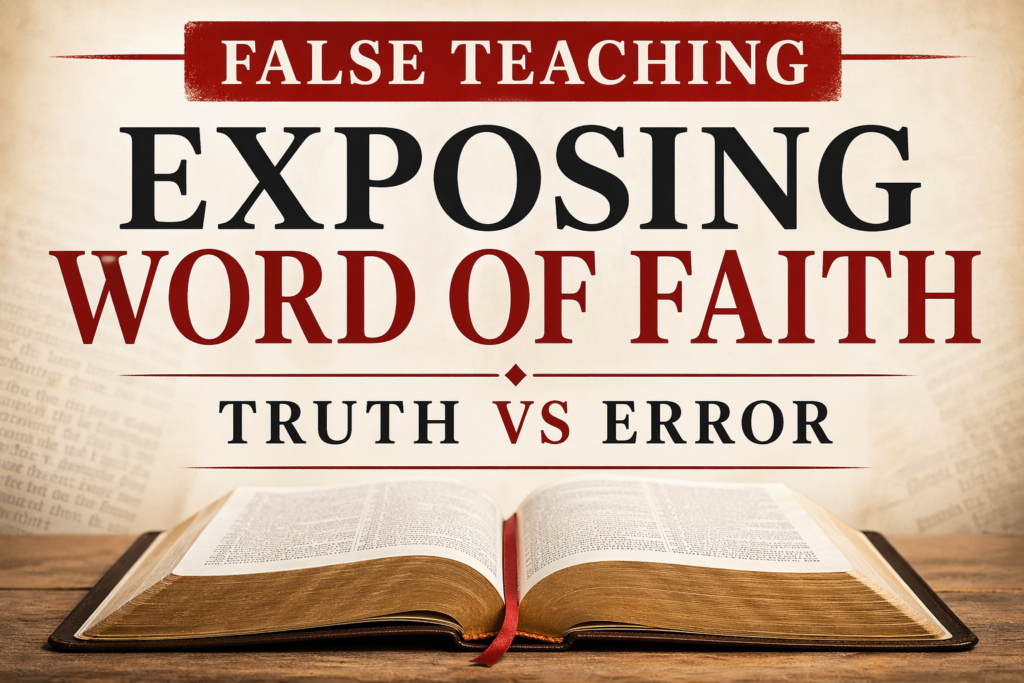 Open Bible on a wooden surface with bold serif text reading “Exposing Word of Faith” and a red banner labeled “False Teaching,” set against a light parchment background to emphasize biblical discernment and the contrast between truth and error.