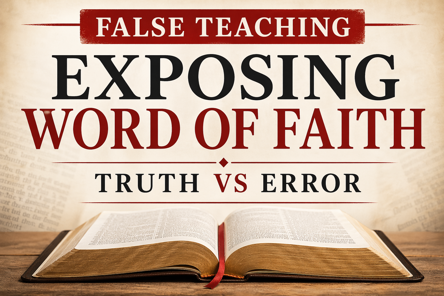 Open Bible on a wooden surface with bold serif text reading “Exposing Word of Faith” and a red banner labeled “False Teaching,” set against a light parchment background to emphasize biblical discernment and the contrast between truth and error.