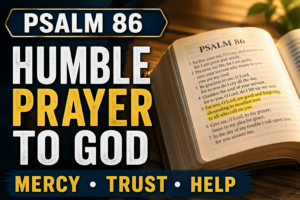 Psalm 86 Bible passage open on a table with highlighted verse, featuring text “Humble Prayer to God – Mercy, Trust, Help”