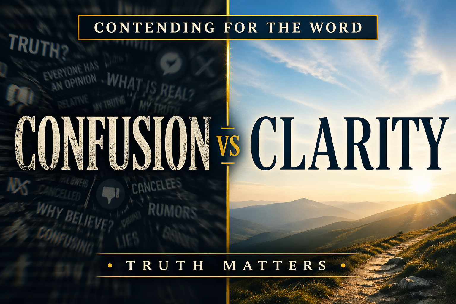 Contending for the Word thumbnail showing “Confusion vs Clarity,” with a dark chaotic side filled with blurred words and a bright peaceful landscape on the other, separated by a gold line and emphasizing that truth matters