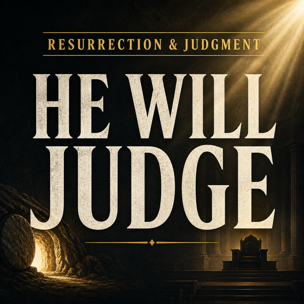Resurrection and final judgment concept showing an empty tomb with light and a throne symbolizing Jesus Christ as judge with bold text “He Will Judge”