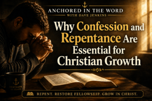 Man sitting at a wooden desk with an open Bible, head bowed in prayer under warm golden light. Text reads “Anchored in the Word with Dave Jenkins — Repent and Grow — Confession & Repentance,” representing Christian repentance and spiritual growth.