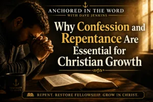 Man sitting at a wooden desk with an open Bible, head bowed in prayer under warm golden light. Text reads “Anchored in the Word with Dave Jenkins — Repent and Grow — Confession & Repentance,” representing Christian repentance and spiritual growth.