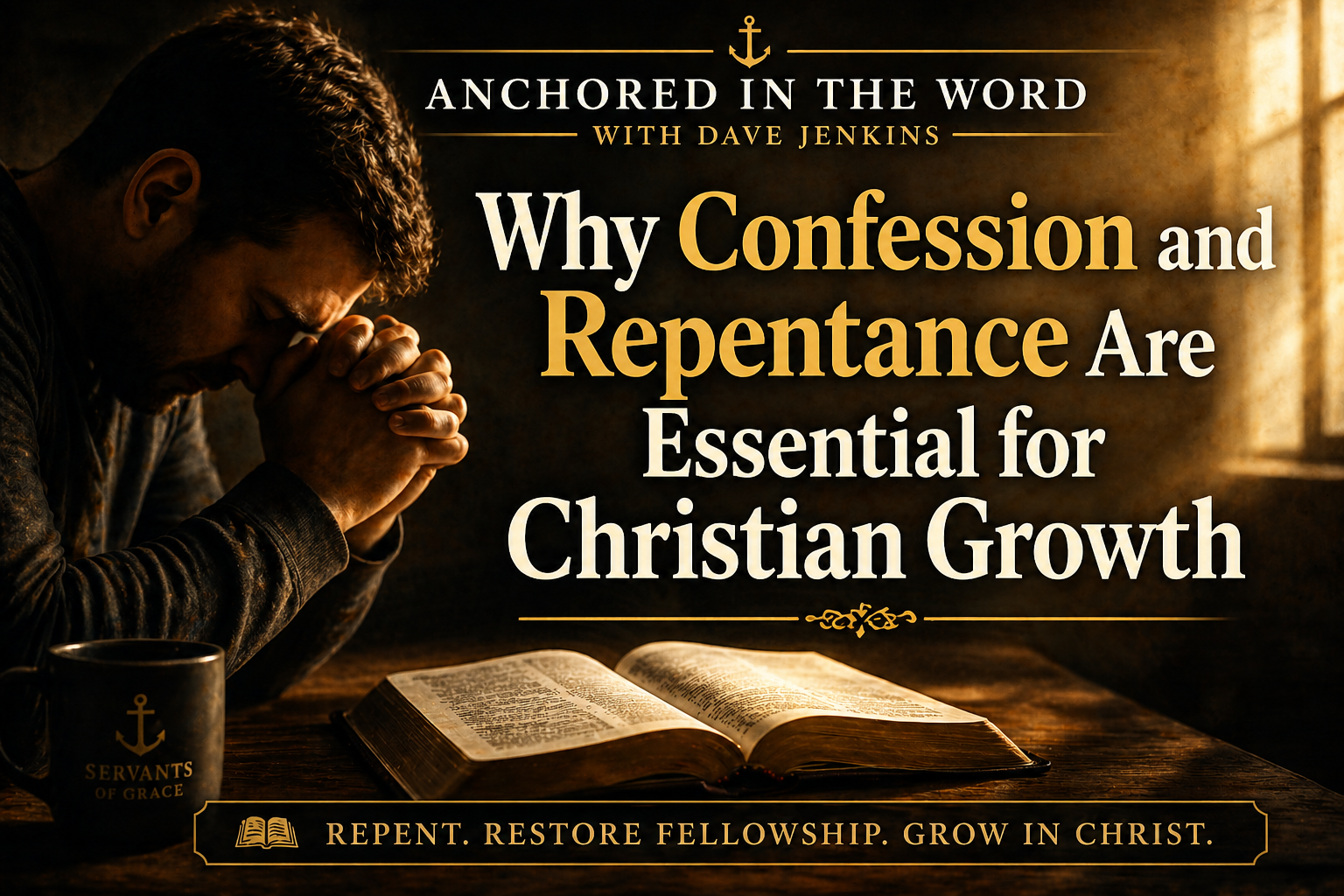 Man sitting at a wooden desk with an open Bible, head bowed in prayer under warm golden light. Text reads “Anchored in the Word with Dave Jenkins — Repent and Grow — Confession & Repentance,” representing Christian repentance and spiritual growth.