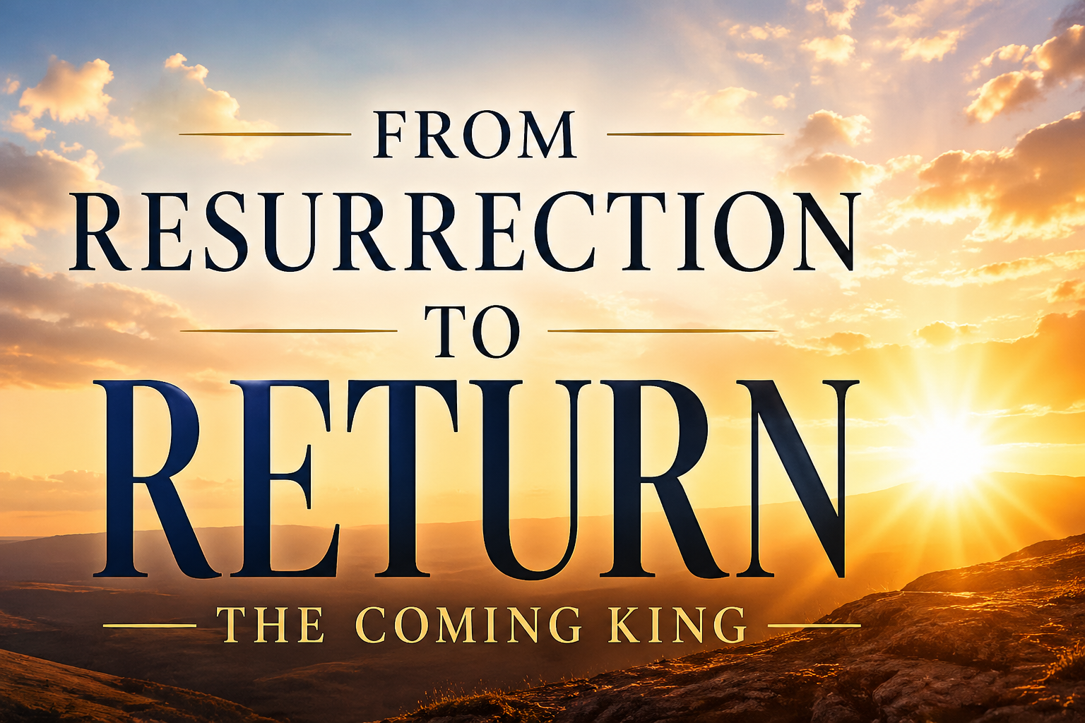 Sunrise over mountains with text “From Resurrection to Return: The Coming King,” symbolizing Christ’s resurrection and return