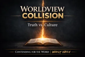 Minimalist YouTube thumbnail with dark charcoal background, bold text ‘Worldview Collision’ and ‘Truth vs. Culture,’ a vertical gold fracture of light, and an open Bible glowing at the bottom, labeled ‘Contending for the Word | Weekly Watch