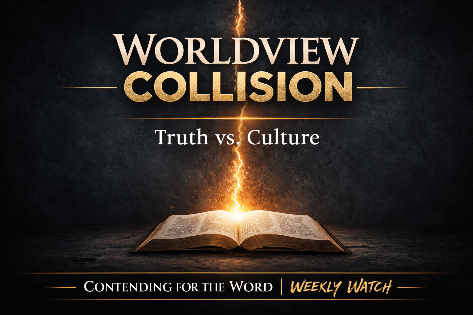 Minimalist YouTube thumbnail with dark charcoal background, bold text ‘Worldview Collision’ and ‘Truth vs. Culture,’ a vertical gold fracture of light, and an open Bible glowing at the bottom, labeled ‘Contending for the Word | Weekly Watch