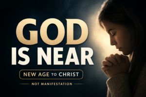 God Is Near thumbnail with bold text and a woman praying in soft light, illustrating God’s presence and biblical truth contrasted with New Age manifestation.