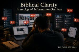 Person overwhelmed by multiple screens and notifications illustrating information overload and the need for biblical clarity