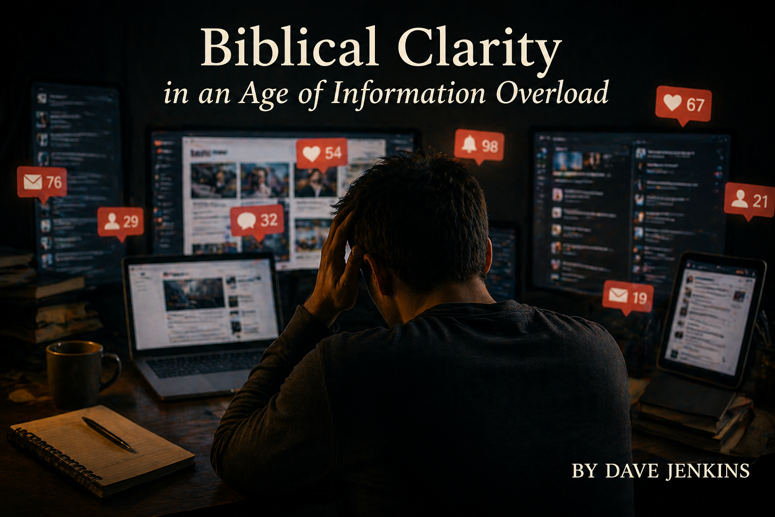 Person overwhelmed by multiple screens and notifications illustrating information overload and the need for biblical clarity