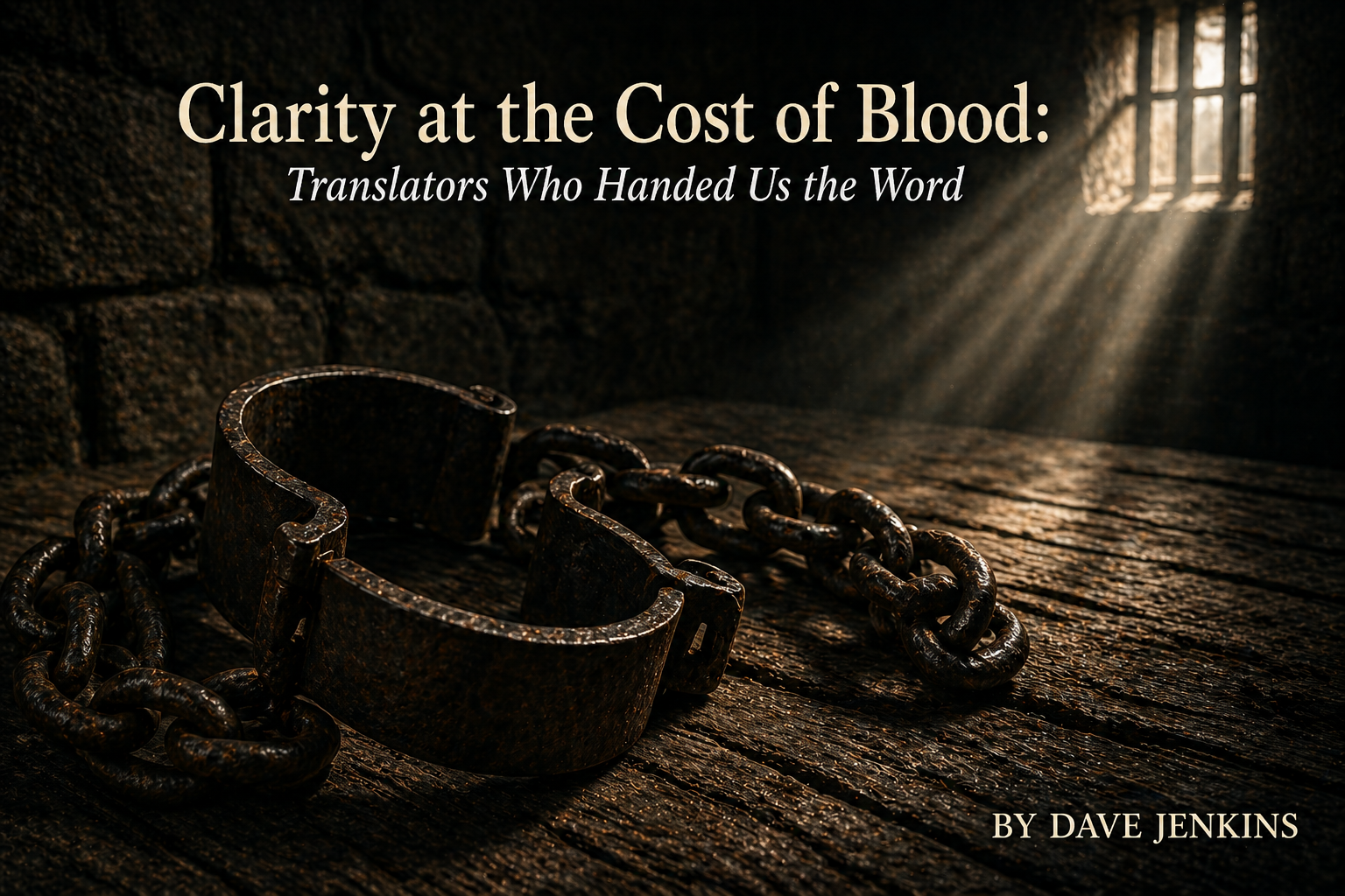 Shackles and chains on a table in a dim prison setting symbolizing the cost of preserving and translating Scripture