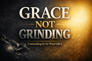 Grace-filled Christian growth contrasted with spiritual grinding, featuring bold text “GRACE NOT GRINDING” over a dark-to-gold gradient background with subtle broken chain imagery and soft light symbolizing freedom and rest in Christ