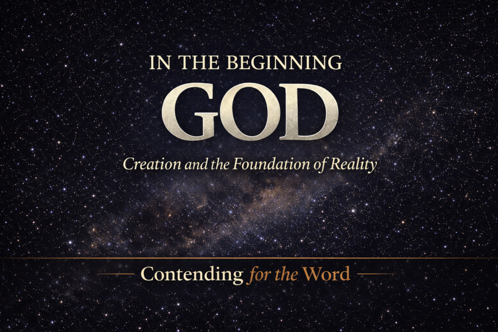 YouTube thumbnail with a star-filled night sky background and a faint Milky Way band. Large serif text reads “IN THE BEGINNING GOD,” with “GOD” most prominent. Below it says “Creation and the Foundation of Reality,” and at the bottom, separated by a thin gold line, is “Contending for the Word.”