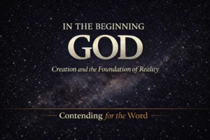 YouTube thumbnail with a star-filled night sky background and a faint Milky Way band. Large serif text reads “IN THE BEGINNING GOD,” with “GOD” most prominent. Below it says “Creation and the Foundation of Reality,” and at the bottom, separated by a thin gold line, is “Contending for the Word.”