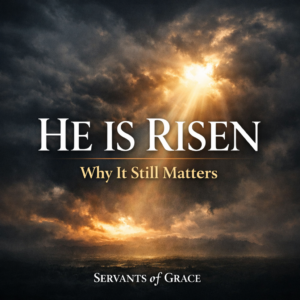 He is Risen Christian graphic with light breaking through dark clouds symbolizing the resurrection of Jesus and victory over death