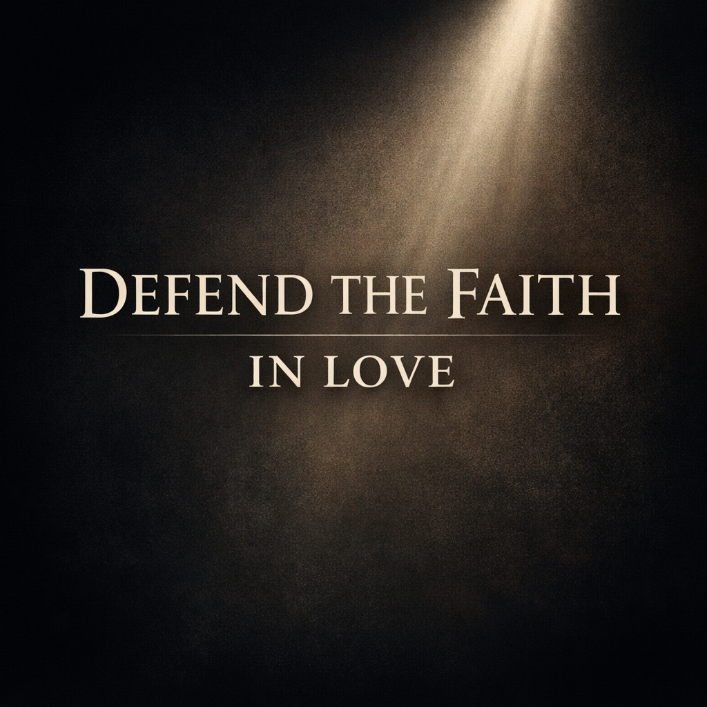 Gospel-centered apologetics graphic with “Defend the Faith in Love” text and light shining on dark background symbolizing truth and grace in Christ