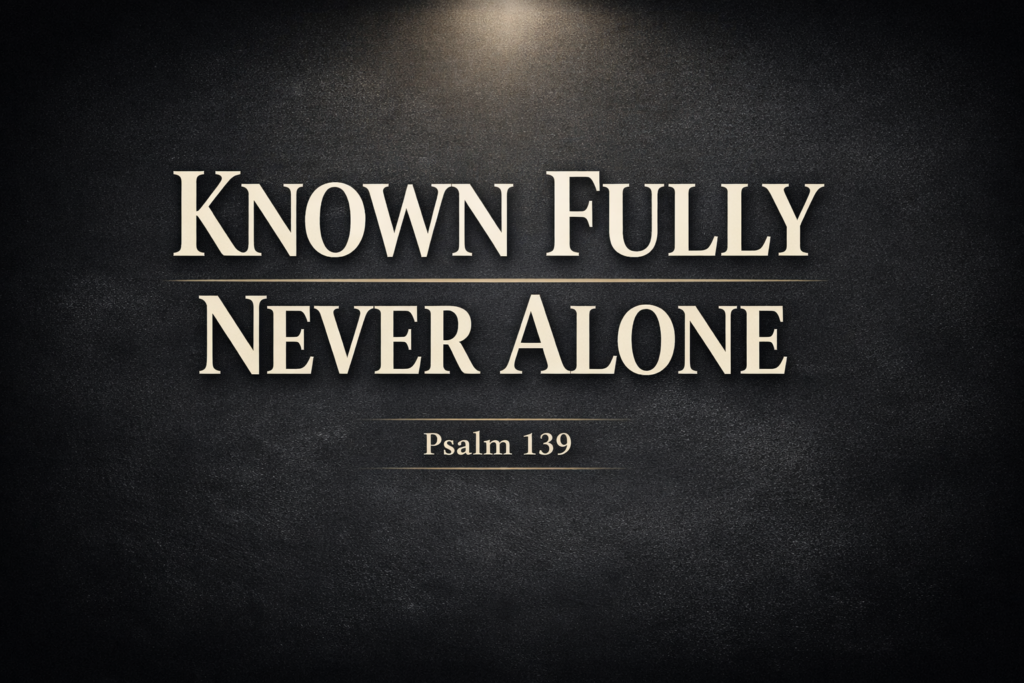 Psalm 139 Christian sermon thumbnail with dark charcoal background, soft light glow, and bold serif text reading “Known Fully Never Alone” with Psalm 139 underneath