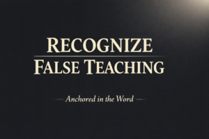 Anchored in the Word podcast thumbnail with the text “Recognize False Teaching” in large cream serif font on a dark charcoal background with a soft light glow
