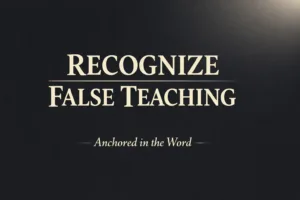 Anchored in the Word podcast thumbnail with the text “Recognize False Teaching” in large cream serif font on a dark charcoal background with a soft light glow