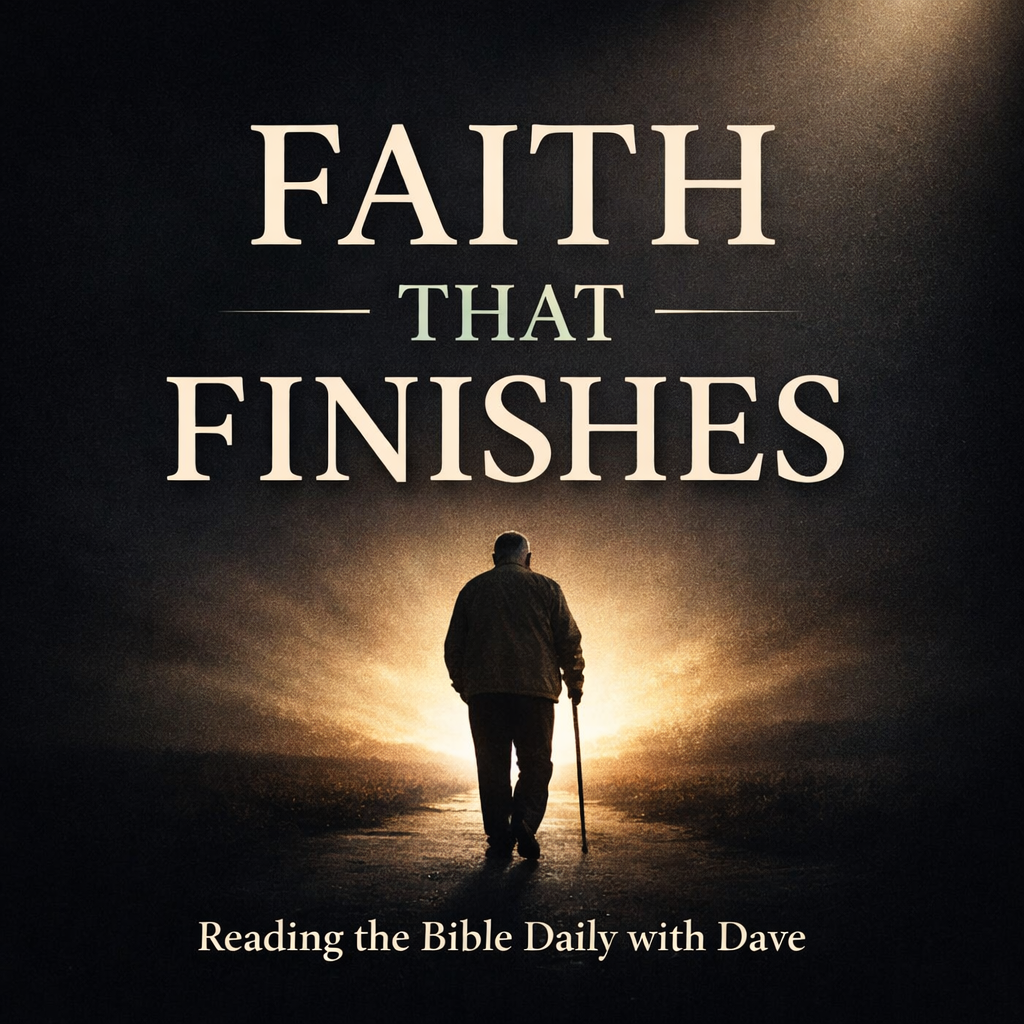 Dark charcoal Christian thumbnail with cream serif text reading “Faith That Finishes,” featuring an elderly man walking toward a glowing light, symbolizing trusting God through every season of life for Reading the Bible Daily with Dave