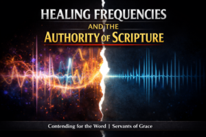 “Thumbnail for Contending for the Word Q&A episode titled ‘Healing Frequencies and the Authority of Scripture.’ The image shows a dramatic vertical tear dividing two soundwave graphics — colorful, chaotic frequencies on the left and clean blue waves on the right — symbolizing contrast between New Age mysticism and biblical authority.