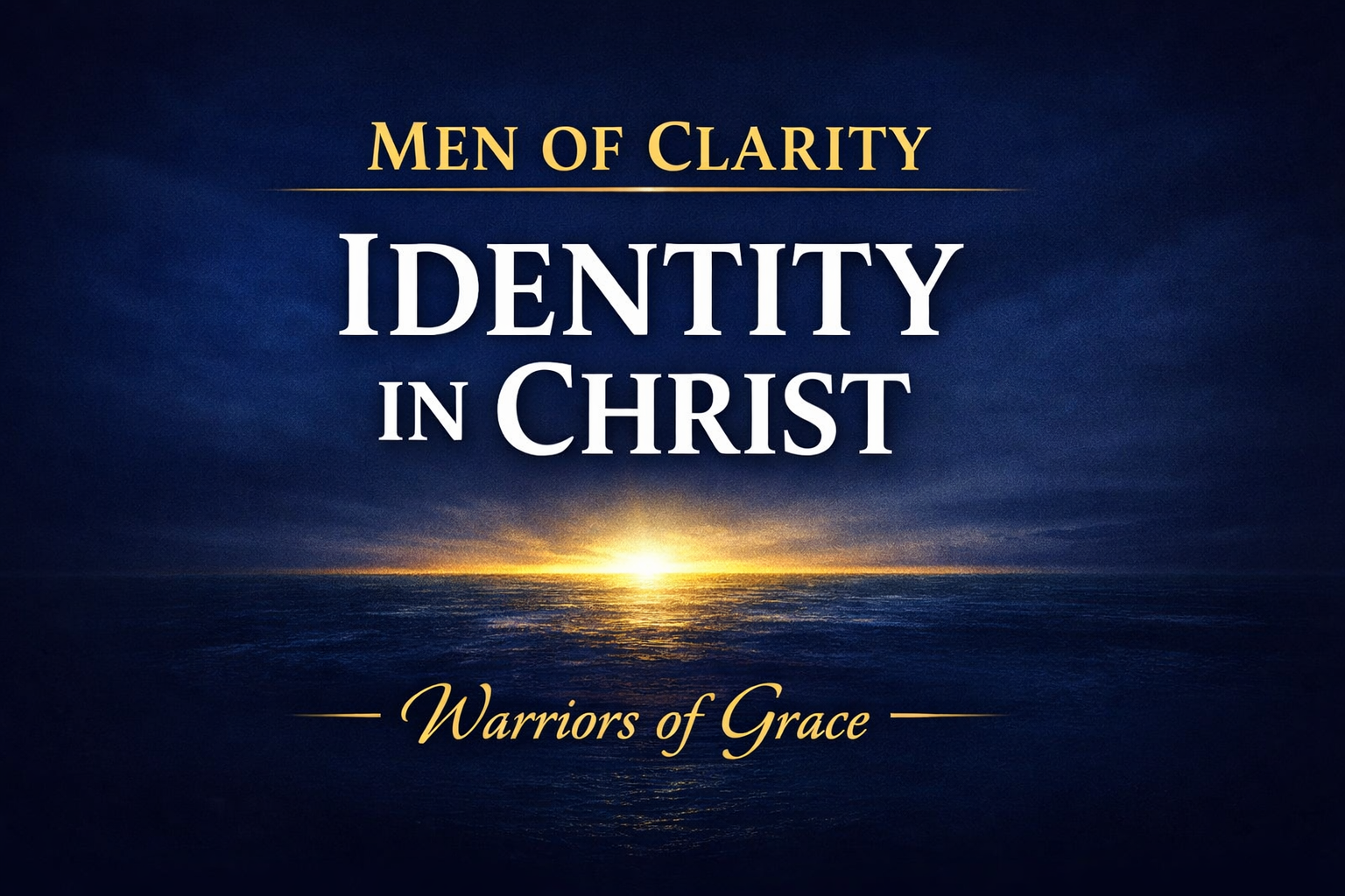 Warriors of Grace podcast thumbnail with deep navy background and soft horizon light breaking through darkness, featuring the text “Men of Clarity — Identity in Christ,” symbolizing stability and biblical identity anchored in Christ.