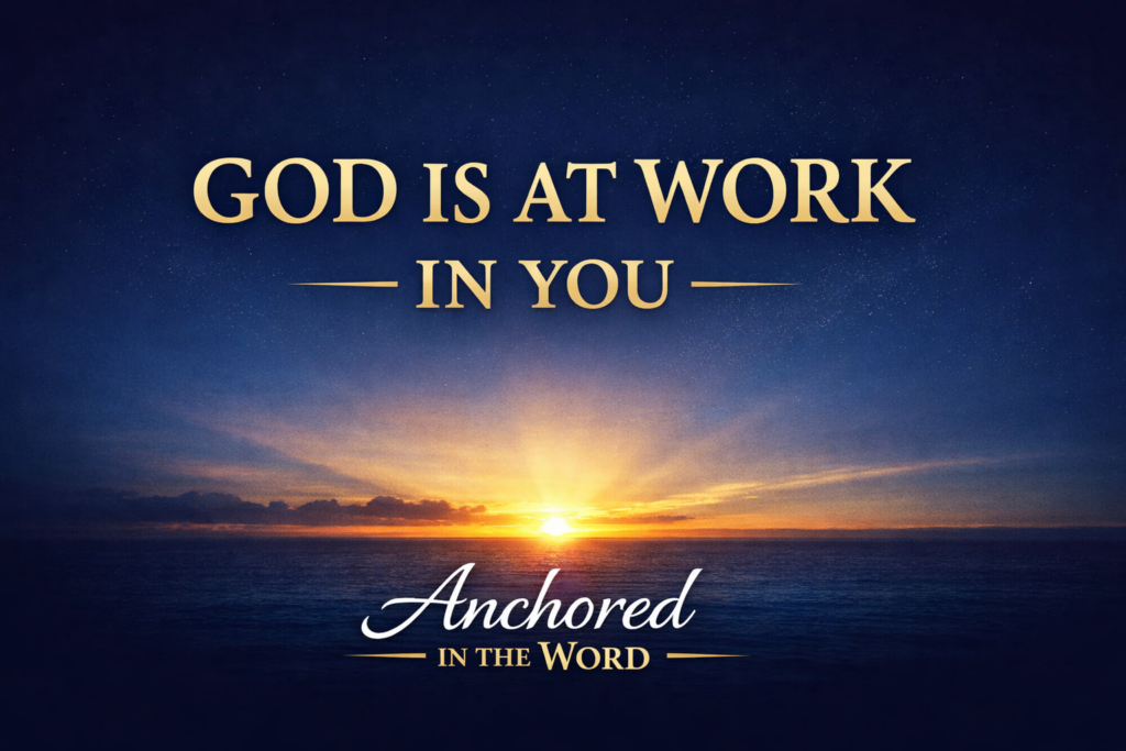Anchored in the Word podcast thumbnail featuring a deep navy sky and sunrise over the ocean horizon with gold text reading “God Is at Work in You” and the show title “Anchored in the Word.