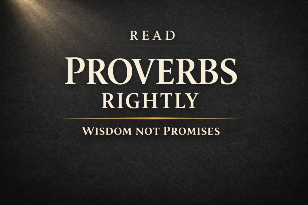 A dark charcoal YouTube thumbnail with a soft light beam in the top left corner and centered serif text reading “Read Proverbs Rightly” and “Wisdom Not Promises” in cream and muted gold tones.