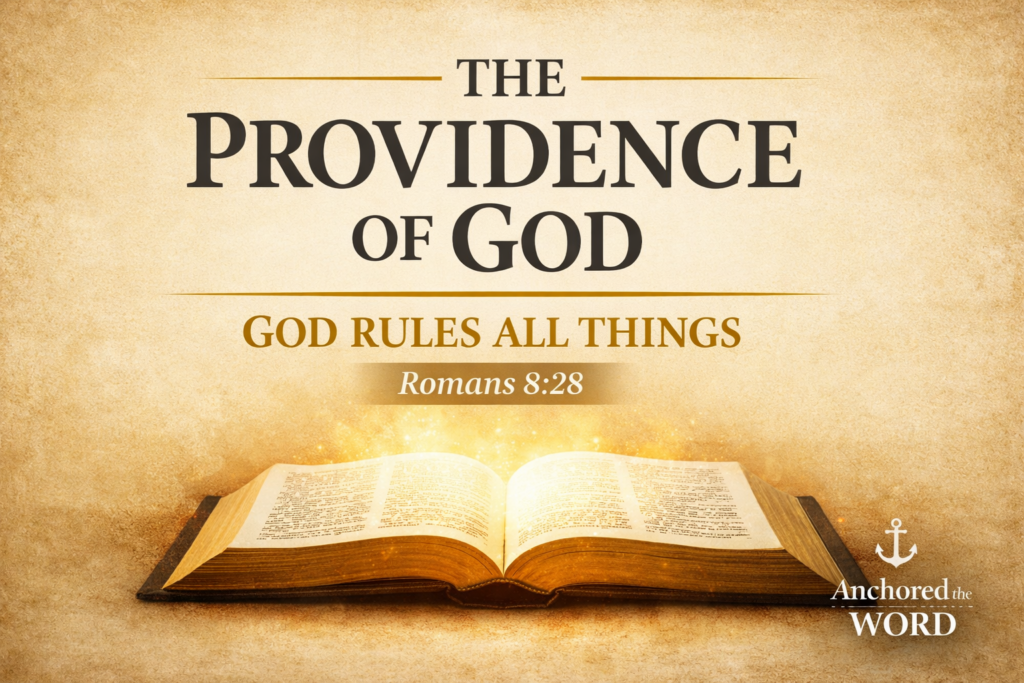 Thumbnail for Anchored in the Word episode on the providence of God featuring an open Bible on a parchment background with the text “The Providence of God – God Rules All Things – Romans 8:28.”