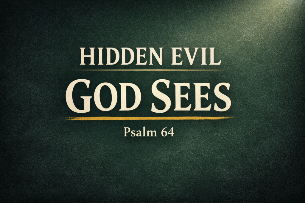 Psalm 64 Explained: God’s Justice Against Hidden Evil and the Refuge of His People 2 Psalm 64 Christian thumbnail with the words “Hidden Evil God Sees” in cream serif text on a dark green textured background with a subtle light glow, emphasizing God’s justice over hidden sin