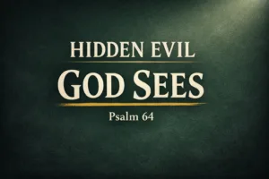 Psalm 64 Christian thumbnail with the words “Hidden Evil God Sees” in cream serif text on a dark green textured background with a subtle light glow, emphasizing God’s justice over hidden sin