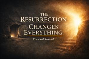 Empty tomb with light shining out symbolizing the resurrection of Jesus Christ with text “The Resurrection Changes Everything” in a theological design style
