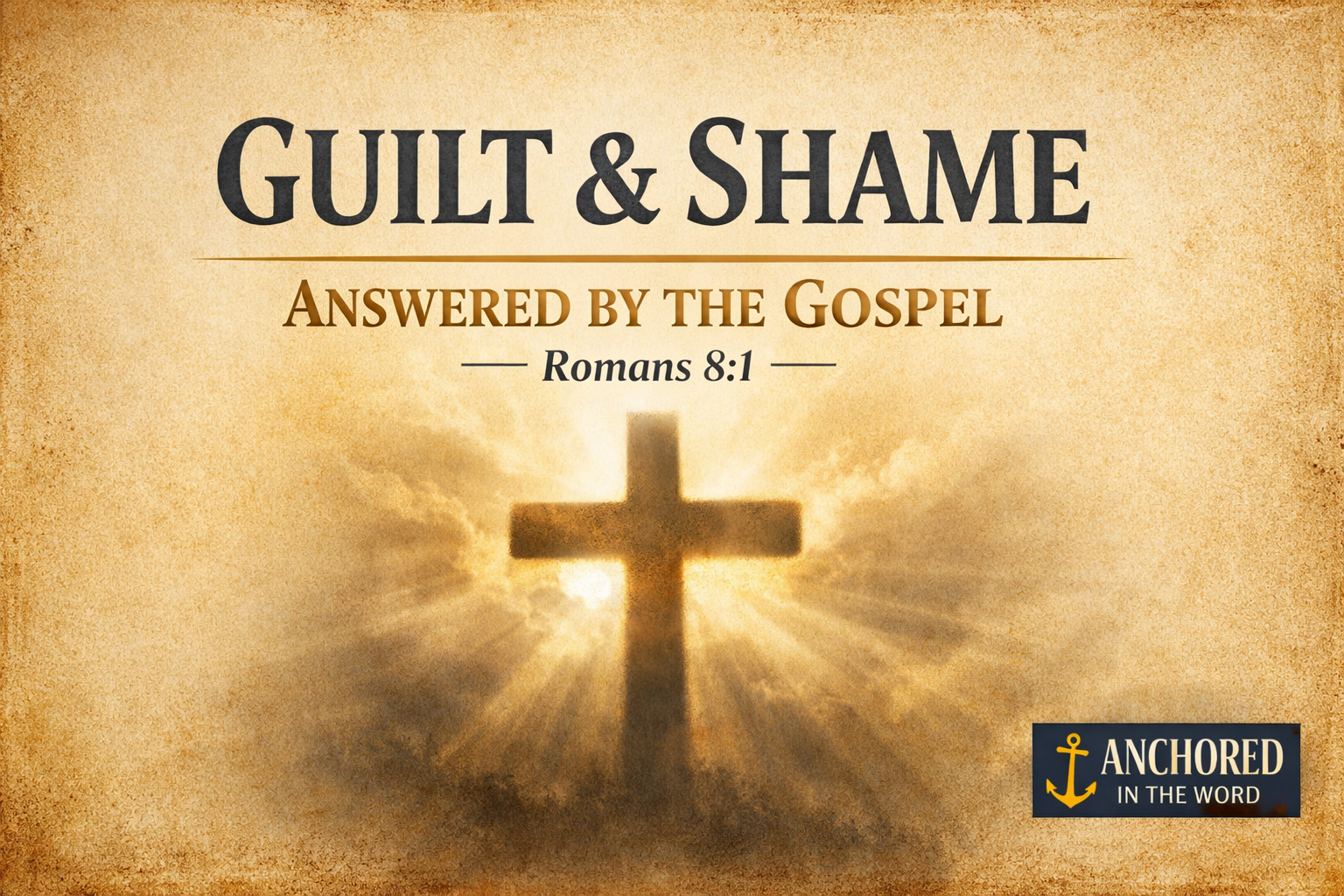 Christian teaching thumbnail reading “Guilt & Shame Answered by the Gospel – Romans 8:1” on a warm parchment background with a glowing cross in the center and the Anchored in the Word logo in the bottom corner.