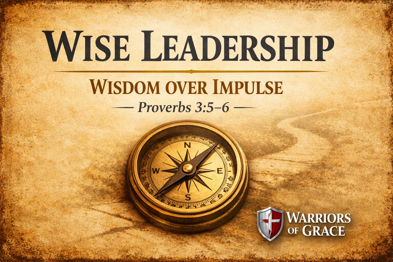 Christian podcast thumbnail with parchment background featuring the title “Wise Leadership: Wisdom Over Impulse,” Proverbs 3:5–6, and a compass symbolizing biblical direction, with the Warriors of Grace logo.