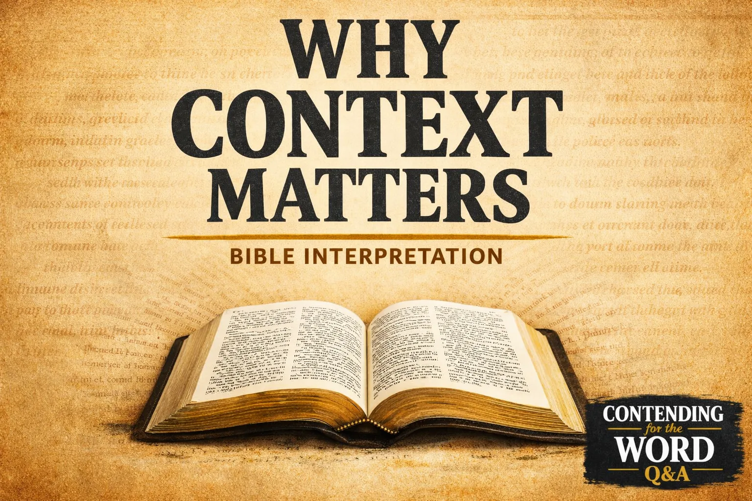 Open Bible on a warm parchment background with faint surrounding text and the title “Why Context Matters – Bible Interpretation,” with the Contending for the Word Q&A logo in the corner.