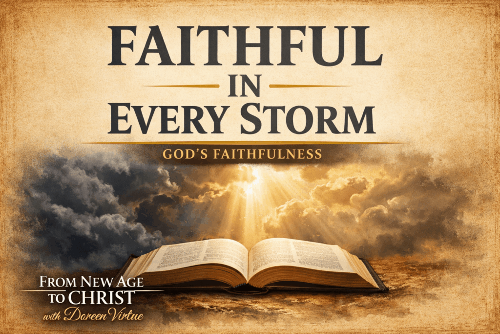 God’s Faithfulness: Trusting the Lord Through Trials and Unanswered Prayer 3 Open Bible with light breaking through storm clouds symbolizing God’s faithfulness during trials, with text “Faithful in Every Storm – God’s Faithfulness” and branding “From New Age to Christ with Doreen Virtue.”