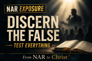 Dark charcoal textured background with a beam of light from above illuminating a blurred speaker addressing a crowd, alongside an open Bible, with bold cream and gold text reading “NAR Exposure – Discern the False – Test Everything – From NAR to Christ,” emphasizing biblical discernment and truth.