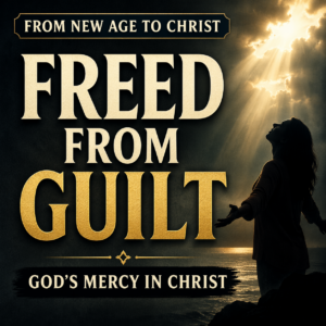 Christian podcast thumbnail reading “Freed from Guilt – God’s Mercy in Christ,” featuring a dark background with golden light breaking through clouds and a silhouetted figure raising hands in worship, symbolizing freedom through Jesus Christ.