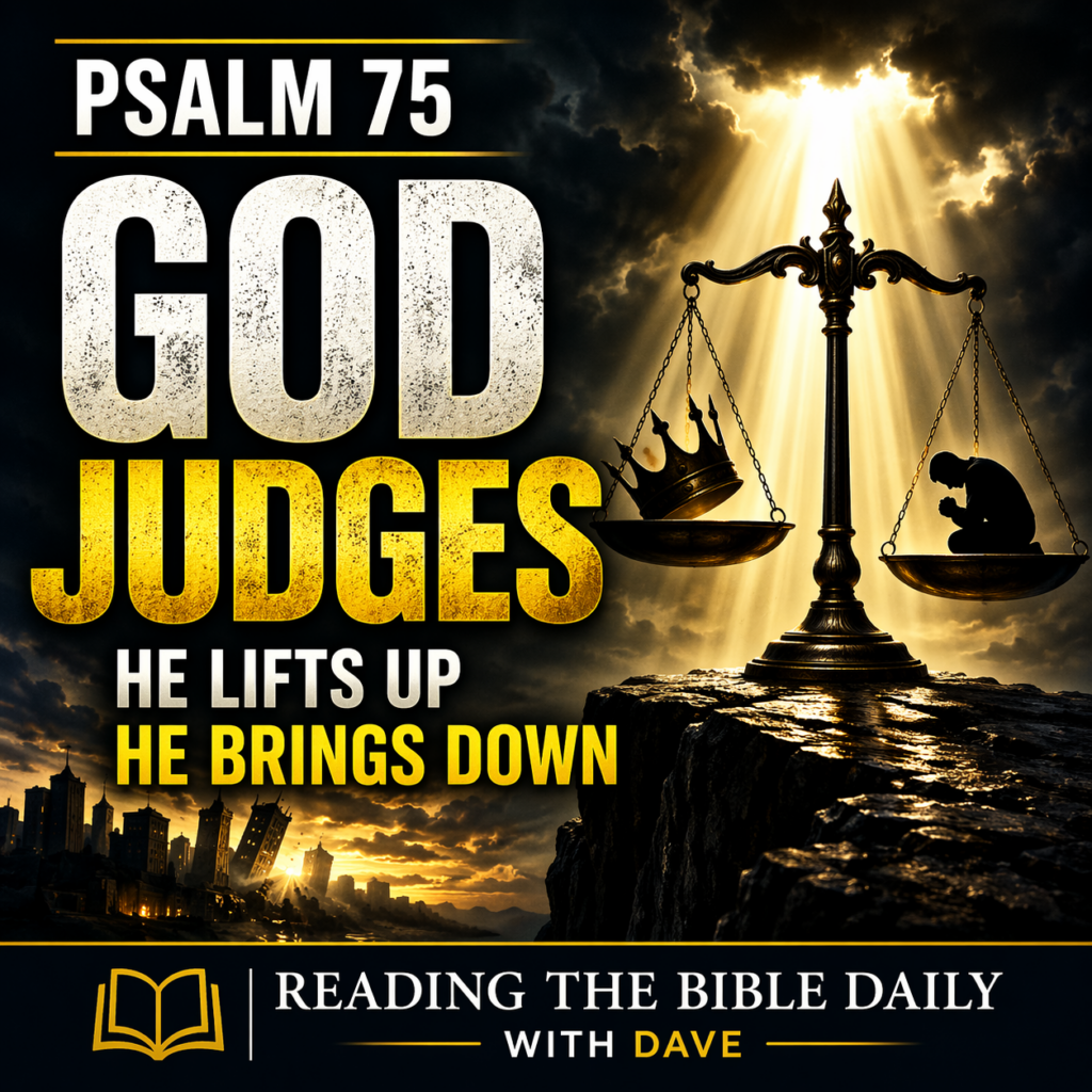 Psalm 75 Bible study thumbnail showing scales of justice under a beam of light, with a crown lowered and a praying figure lifted, symbolizing God’s sovereign judgment and authority over all.