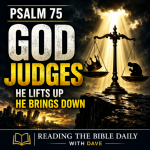 Psalm 75 Bible study thumbnail showing scales of justice under a beam of light, with a crown lowered and a praying figure lifted, symbolizing God’s sovereign judgment and authority over all.