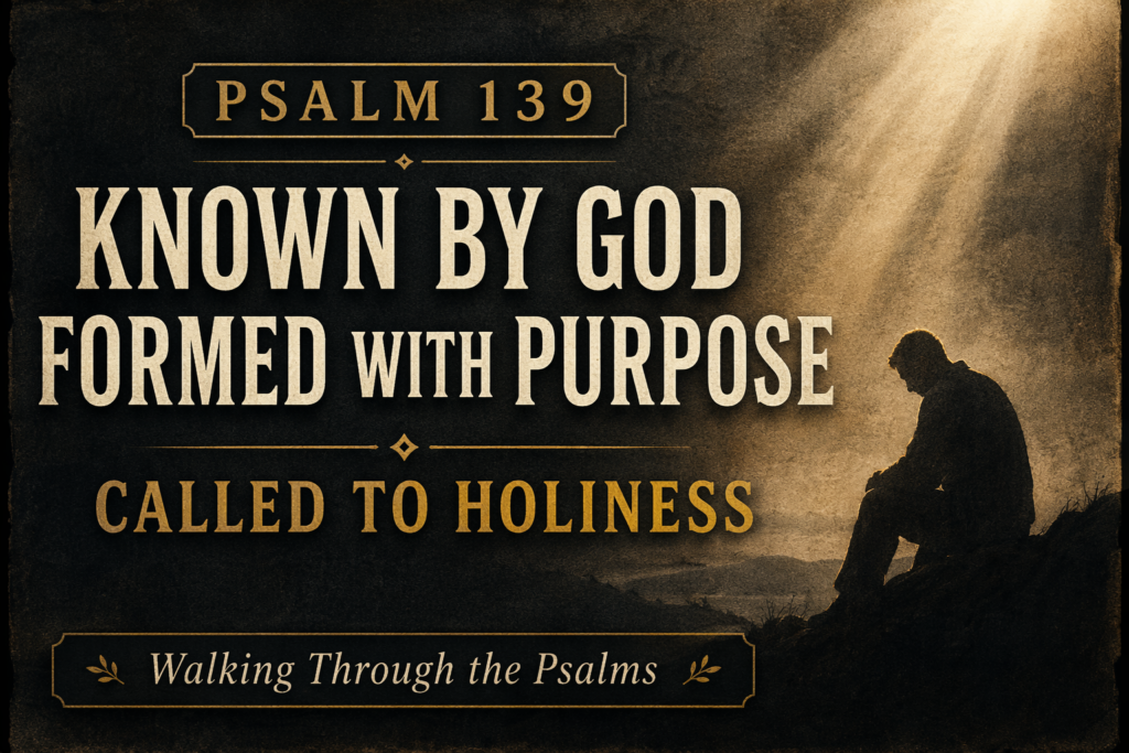 Psalm 139 Christian teaching thumbnail with the text “Known by God, Formed with Purpose, Called to Holiness” on a dark parchment background with a subtle silhouette and soft light.