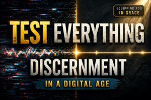 YouTube thumbnail split between digital distortion and clean clarity, with bold text reading “Test Everything” and “Discernment,” representing biblical discernment in a digital age, and an “Equipping You in Grace” label.