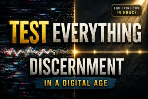 YouTube thumbnail split between digital distortion and clean clarity, with bold text reading “Test Everything” and “Discernment,” representing biblical discernment in a digital age, and an “Equipping You in Grace” label.
