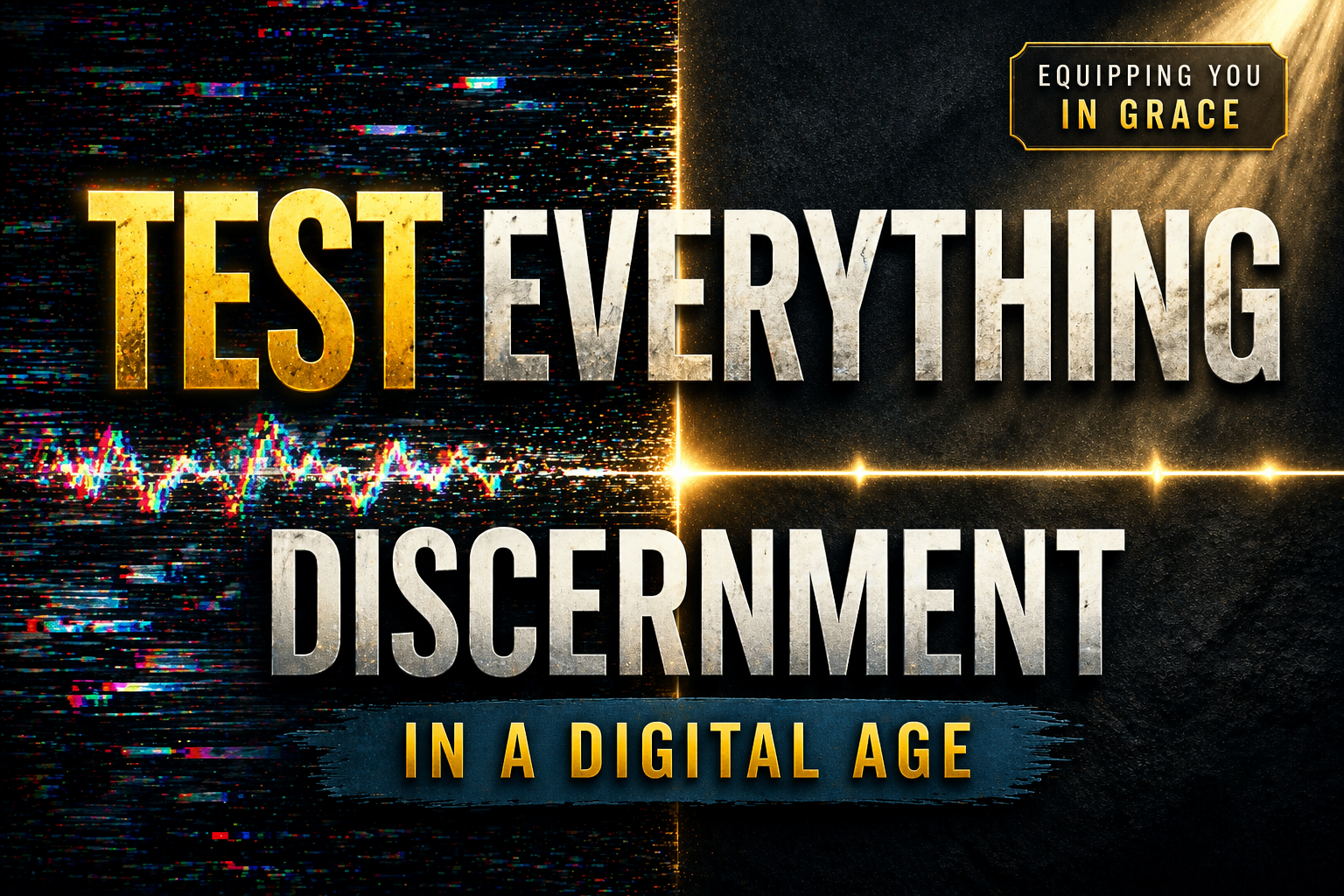 YouTube thumbnail split between digital distortion and clean clarity, with bold text reading “Test Everything” and “Discernment,” representing biblical discernment in a digital age, and an “Equipping You in Grace” label.