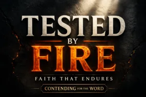 A dark textured background with glowing cracks and bold serif text reading “Tested by Fire,” with “Faith That Endures” below and “Contending for the Word” at the bottom, representing Christian perseverance through trials.