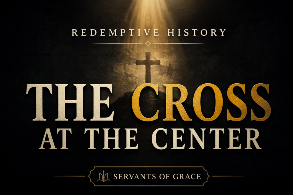 The cross at the center of redemptive history with dark charcoal background, golden light beam, and serif theological design