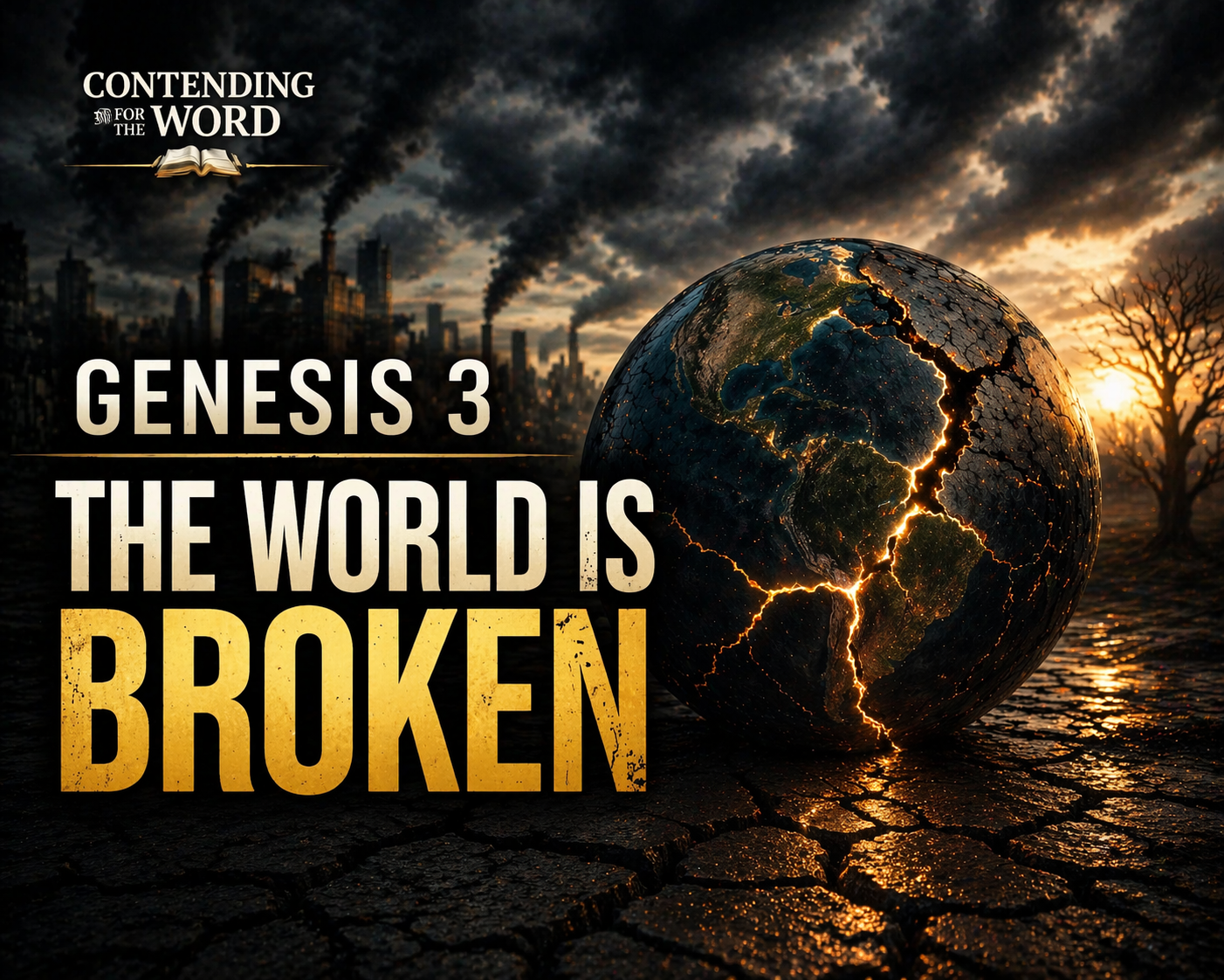 Genesis 3 The World Is Broken — realistic cracked earth and fractured globe with glowing fissures symbolizing the fall of humanity and the brokenness of the world.